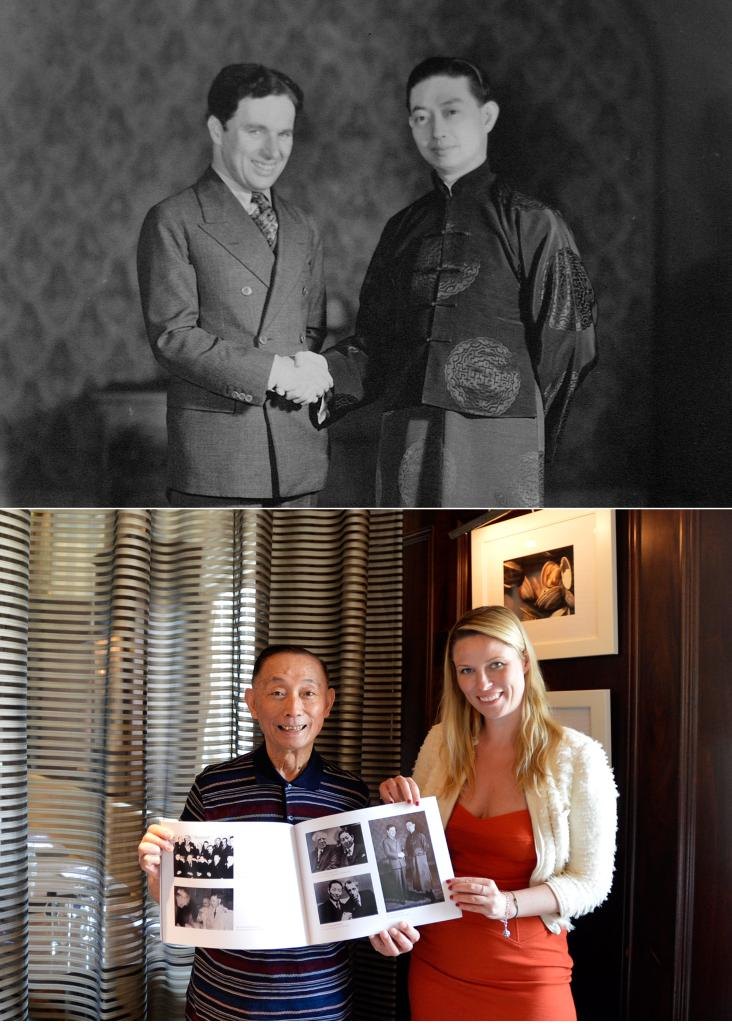 拼版照片(上图)1930年梅兰芳(右)访问美国时与卓别林合影;(下图)2014年8月20日梅葆玖与卓别林的孙女凯拉·卓别林在纽约合影