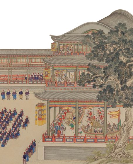 清宫演剧图——绘清宫大戏楼演武戏场景,台上武将扎靠旗、持长兵器开打(故宫博物院官网「戏曲馆」页配图;绘画类间接件,非李春来本人影像)