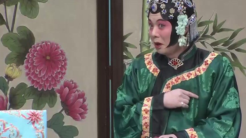 京剧《三娘教子》录像截帧：青衣扮王春娥近景（墨绿女帔、点翠头面）