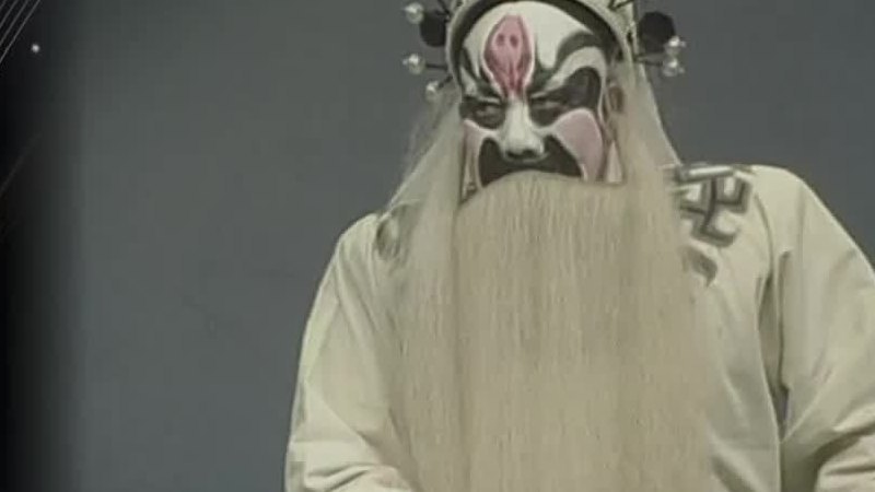 京剧《九江口》录像截帧：张定边（净，白面白满髯、白蟒）坐相（表演：袁世海）