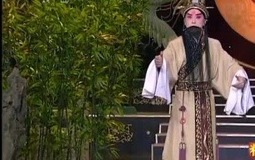 京剧《兵圣孙武》选段：孙武（于魁智饰）着团龙戏衣抖袖亮相（央视所播录像截帧）